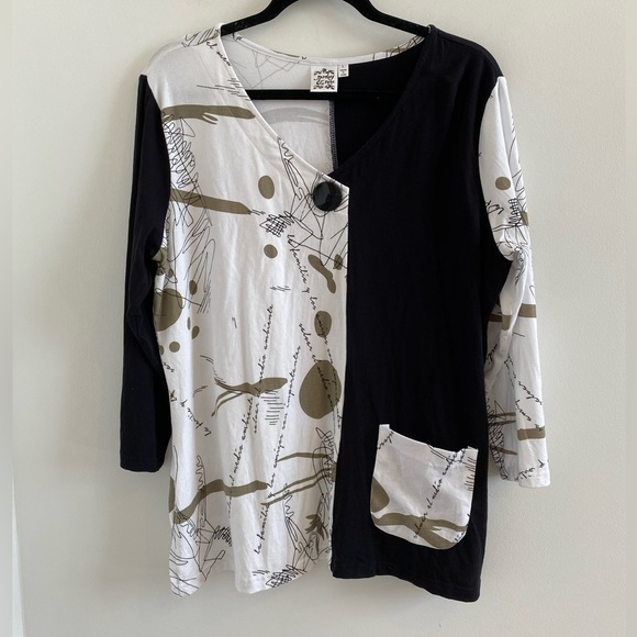 Parsley & Sage Black and White Abstract Lagenlook 3/4 Sleeves Blouse Size L - Picture 2 of 10